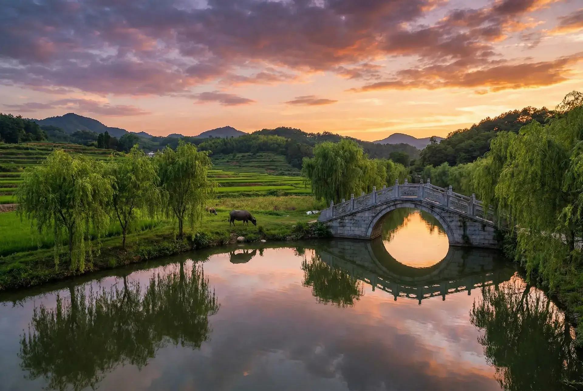 夕阳下的石拱桥与垂柳，水牛在河边吃草 - 乳交视频 乡村美景